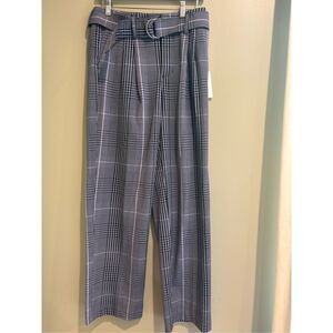 A New Day NWT 4 grey plaid high rise wide leg belted pleat front dress pants